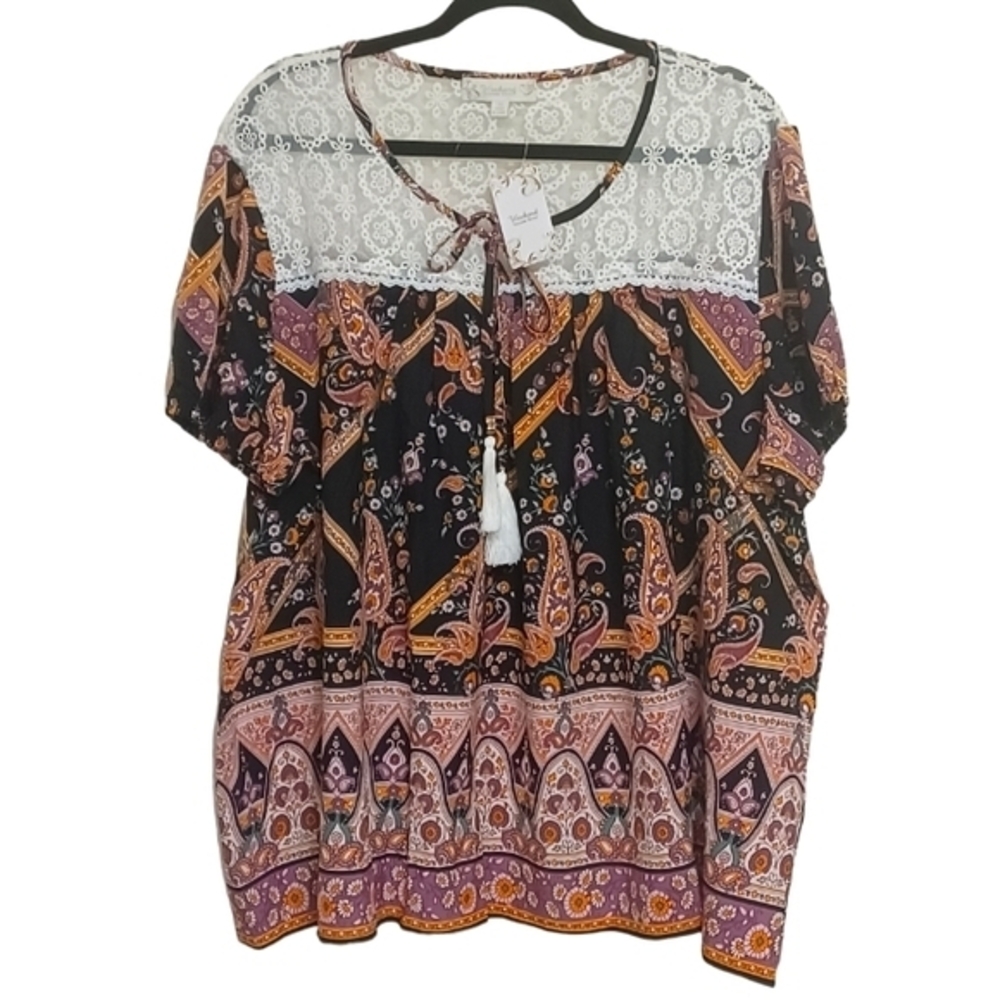 New Suzanne‎ Betro Weekend Women's Paisley Boho Lace Flowy Babydoll Top Size 3X